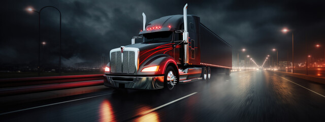 American style Truck driving on the asphalt road at night. Created with Generative AI technology.