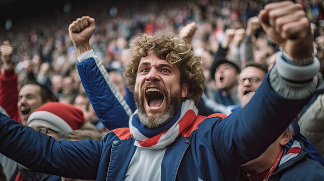 French fan, Celebrating the success. Supporters cheer in bleacher in French rugby match 2023. Generative Ai