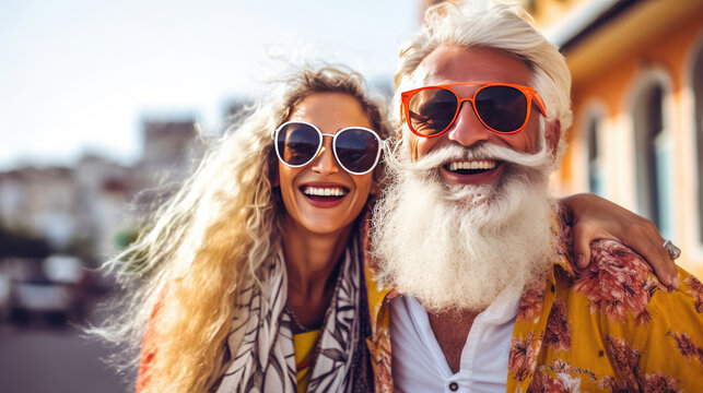 Happy Couple of mature people in sunglasses enjoying and having fun in vacations on green background. summer. Travel and travelers lifestyle. Retirement age. Generative Ai