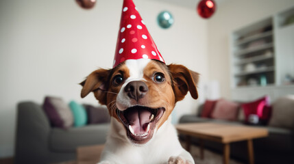 Happy dog in festive cap celebrates birthday at home. Created with Generative AI technology.