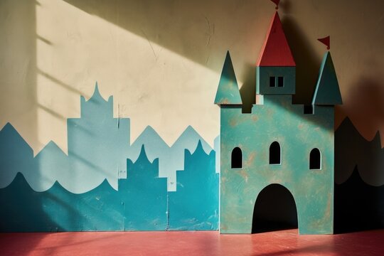 shadow of a toy castle on a textured wall background