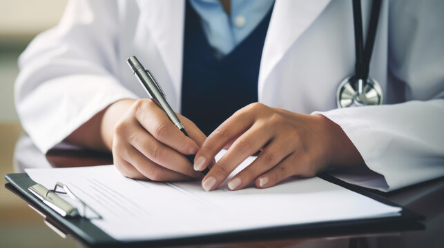 Doctor sitting at desk and writing a prescription for her patient. Created with Generative AI technology.