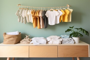 clean baby clothes folded beside changing area