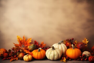 Naklejka na ściany i meble Fall decoration with pumpkin, leaves, barley and fruits on wooden table with copy space for your text or designs. Happy Thanksgiving celebration background with empty space.