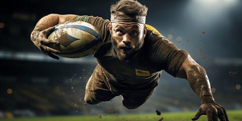 Rugby Player's Sweaty Determination on Display as He Catches the Ball in Flight