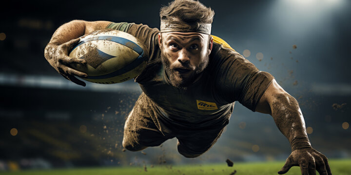 Rugby Player's Sweaty Determination on Display as He Catches the Ball in Flight