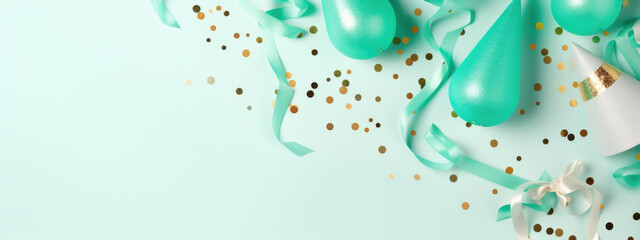 Birthday party decoration,balloon,hat and confetti on blue background. Top view.Copy space. Created with Generative AI technology.
