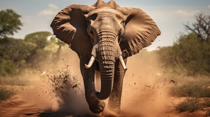 Elephant running close-up, elephant charging camera, powerful, strength, courage, no fear  