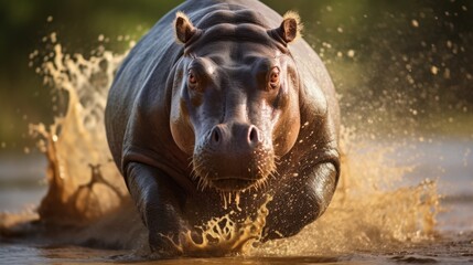 Hippopotamus running close-up, hippopotamus charging camera, powerful, strength, courage, no fear  