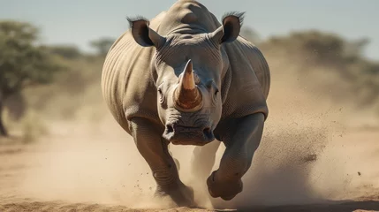 Gordijnen White rhinoceros running close-up, rhinoceros  charging camera, powerful, strength, courage, no fear   © bedaniel
