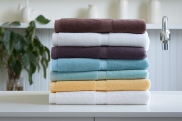 fresh folded towels on a clean bathroom shelf