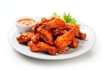 Buffalo chicken wings on plate with one bowl of chili sauce isolated on white background