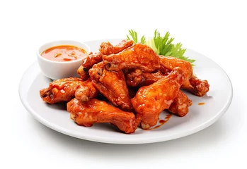 Keuken spatwand met foto Buffalo chicken wings on plate with one bowl of chili sauce isolated on white background © alauli