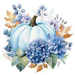 autumn floral elements with blue pumpkin watercolor  isolated