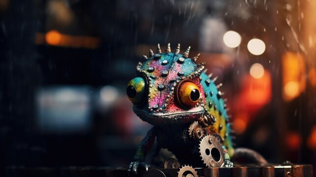 Steampunk chameleon lizard toy made from rusty metal cutout sheets, welded mechanical gears and cogs, rainbow oil slick anodized colors, adorably different and cute - generative AI