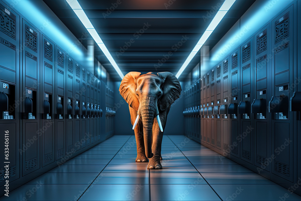 Poster elephant in the server room. concept of the big data and digital fragility.