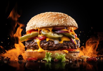 Burger with fiery hot chilies isolated on black background