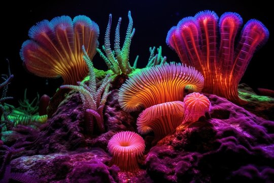 fluorescent coral polyps feeding on microscopic organisms
