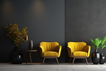 A rendering of a interior wall mockup featuring dark tones and a yellow armchair against a black...