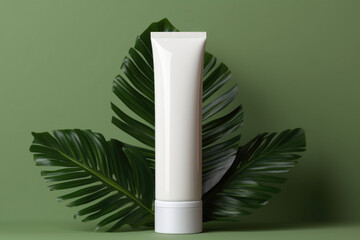 A mock-up white tube for cream on the background of palm leaves