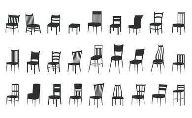 Wooden couches and chairs. Chairs silhouettes vector illustration. Set of furniture for a living room or office. Sofa, armchair.