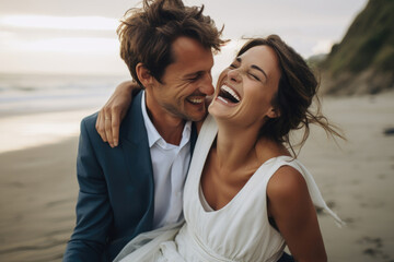 Obraz premium A man in a groom's suit picks up a woman in a white dress on the seashore.