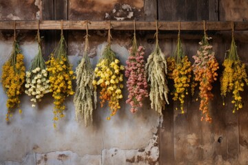 hanging flowers upside down to dry on a rustic wall - Powered by Adobe