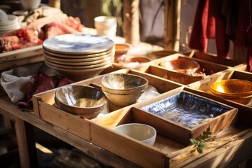 freshly washed dishes in a wooden drying tray
