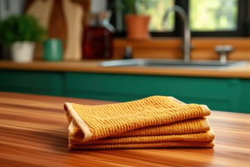 close-up of a dishcloth on a wooden countertop