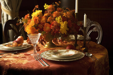 Elegant dining table with floral arrangement and glassware