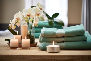 Fototapeta na wymiar folded towels in a spa-like arrangement with candles