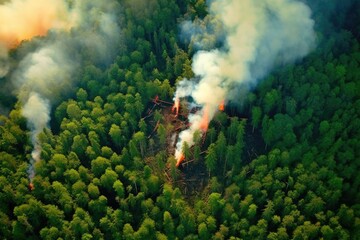 aerial shot of fire dividing lush green forest