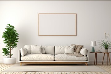 Mockup Of modern interior background in a living room with a contemporary style. Use a render and illustration technique to showcase a mockup poster frame.