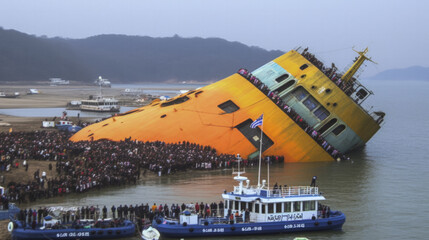 MV Sewol ship capsized and sank - obrazy, fototapety, plakaty