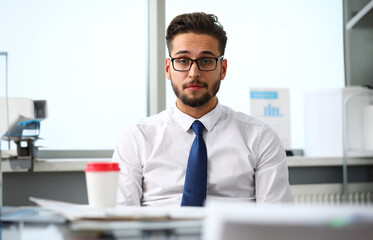 Handsome smiling bearded clerk man at workplace look in camera portrait. White collar staff dress code worker job offer office client visit study profession boss market idea coach training