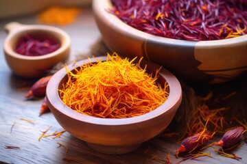 Fototapeta premium close-up of freshly picked saffron stigmas in a wooden bowl