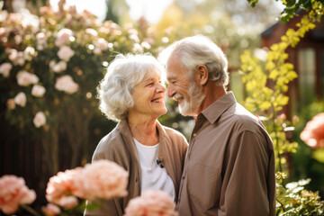 Portrait of a happy couple of a man and a woman of retirement age with gray hair