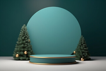 Green and blue Christmas podium or pedestal for display product in a stage showcase to present gifts.