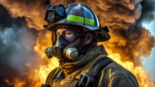 Feuerwehrmann mit Helm und Atemmaske in Schutzkleidung, im Hintergrund Feuer und Rauch.  ai generiert
