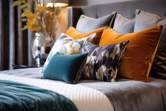 arranging decorative pillows on a stylish bed