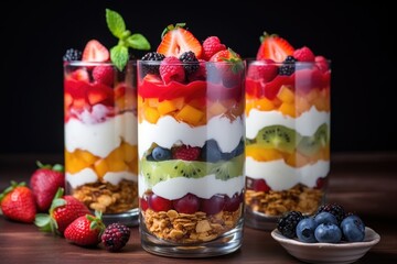 parfait glasses with layered fruit salad and yogurt - obrazy, fototapety, plakaty