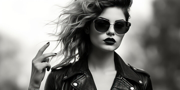 Modern Rocker Girl: Trendy Black and White Portrait