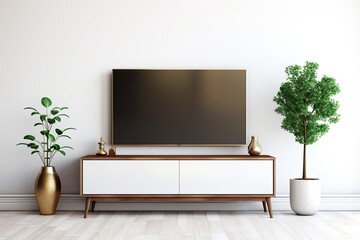 A television sits on top of a cabinet in a contemporary living room, against a white wall background. The image is a rendering.