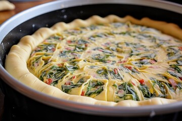 rolled-out dough in a quiche pan ready for filling