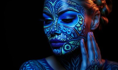 Obraz premium Vibrant Neon Makeup: Woman with Ethnic Pattern in UV Light