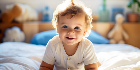 Fototapeta premium The Purity of a Baby Boy in a White Bedroom: A Symbol of the Future