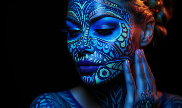 Vibrant Neon Makeup: Woman with Ethnic Pattern in UV Light