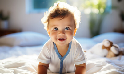 Serene Baby Boy in Bright White Sunny Bedroom