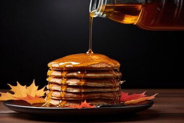 pouring maple syrup onto a stack of pancakes