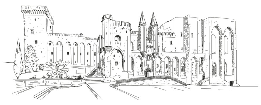 Esquisse - Dessin au trait - Palais des Papes - Avignon - Architecture - Construction - Patrimoine - Constructions gothique - Moyen &Acirc;ge - Forteresse - r&eacute;sidence pontificale - Chr&eacute;tien - &Eacute;difice 